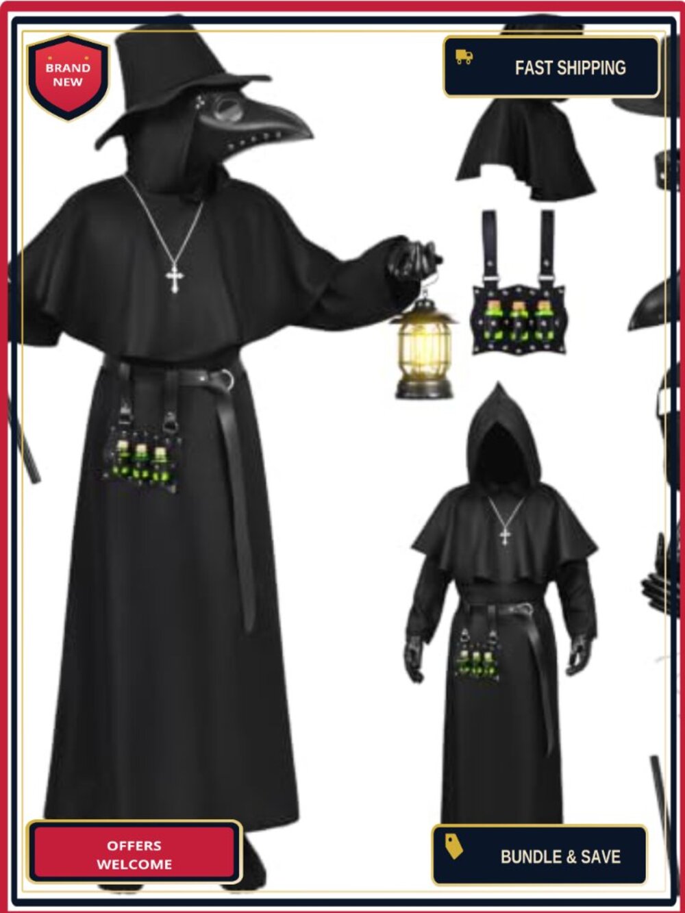 Plague Doctor Costume 12-Piece Set Robe Mask Hat for Halloween Cosplay